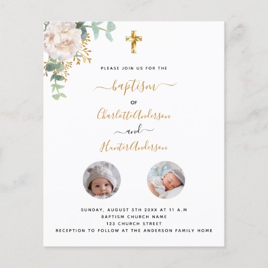 Doop tweeling witte bloemen foto budget uitnodigin flyer (Voorkant)