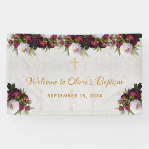 Doop Uitnodiging Bloemen Burgundy Witte Pioen Marm Spandoek