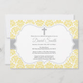 Doop Uitnodiging Geel en Grijs Damast (Voorkant)