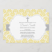 Doop Uitnodiging Geel en Grijs Damast (Voorkant / Achterkant)