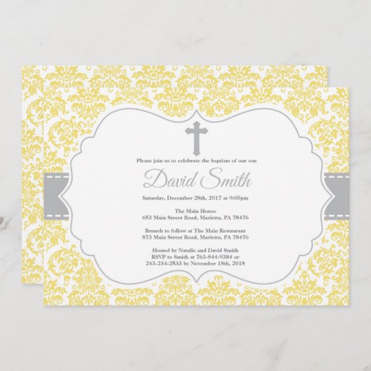 Doop Uitnodiging Geel en Grijs Damast (Voorkant / Achterkant)
