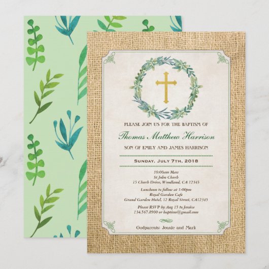 Doop uitnodiging. Groene krans robuuste jute Kaart (Voorkant / Achterkant)