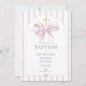 Doop Uitnodiging Meisje, Modern Roze Bow & Gestree (Voorkant)