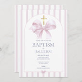 Doop Uitnodiging Meisje, Modern Roze Bow & Gestree (Voorkant / Achterkant)