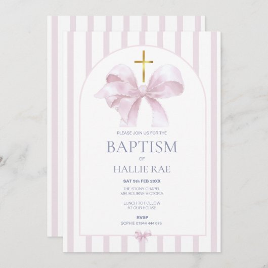 Doop Uitnodiging Meisje, Modern Roze Bow & Gestree (Voorkant / Achterkant)