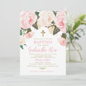 Doop Uitnodiging | Roze Bloem Goud (Staand voorkant)