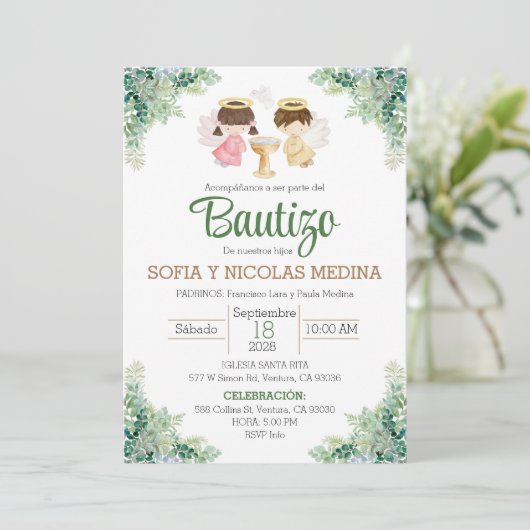 Doop Uitnodiging Spaans meisje en jongen Bautizo (Staand voorkant)