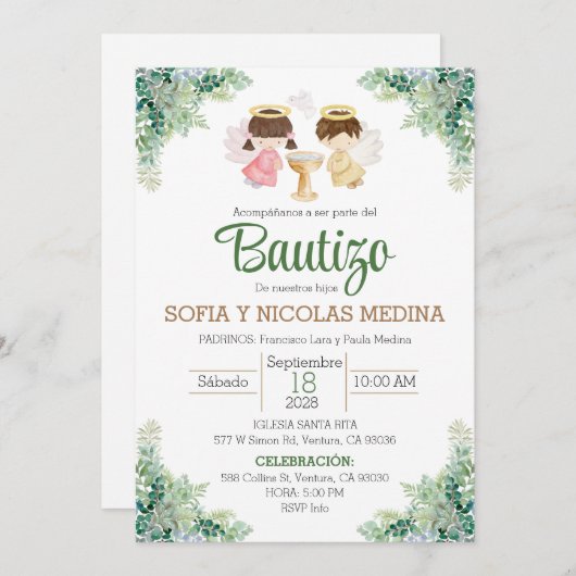 Doop Uitnodiging Spaans meisje en jongen Bautizo (Voorkant / Achterkant)