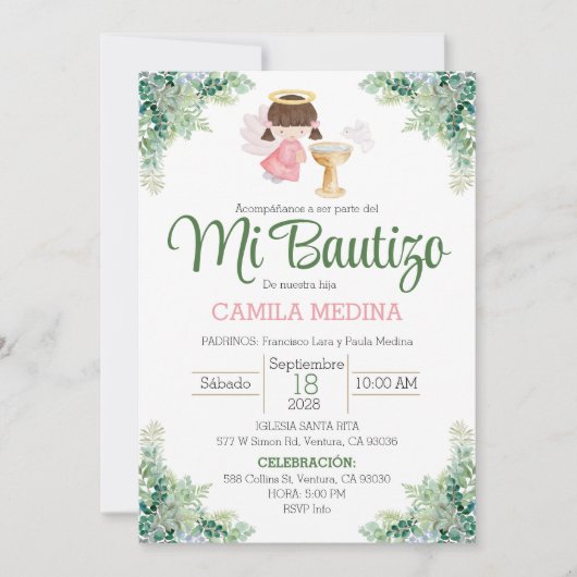 Doop uitnodiging Spaans meisje groen (Voorkant)