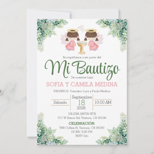 Doop Uitnodiging Spaans Twee Meisjes tweeling zuss (Voorkant)
