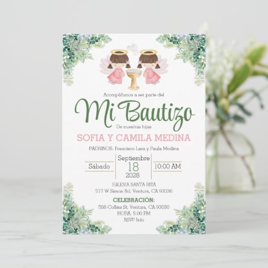 Doop Uitnodiging Spaans Twee Meisjes tweeling zuss (Staand voorkant)