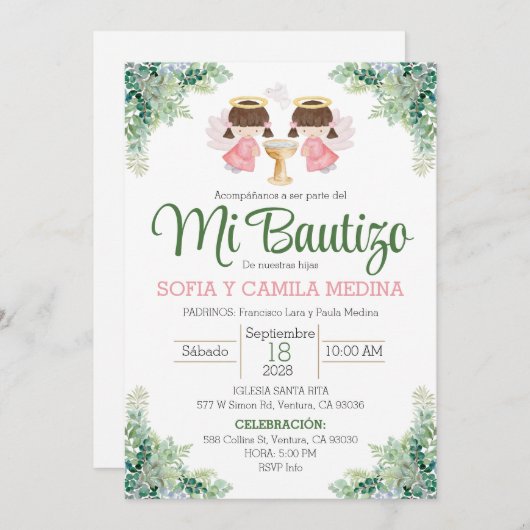 Doop Uitnodiging Spaans Twee Meisjes tweeling zuss (Voorkant / Achterkant)