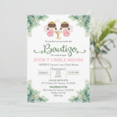 Doop Uitnodiging Spaans Twee Meisjes tweeling zuss (Staand voorkant)