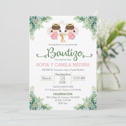 Doop Uitnodiging Spaans Twee Meisjes tweeling zuss (Staand voorkant)