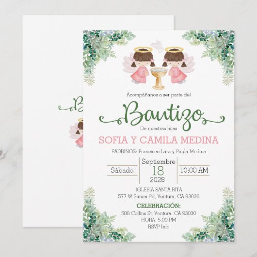 Doop Uitnodiging Spaans Twee Meisjes tweeling zuss (Voorkant / Achterkant)