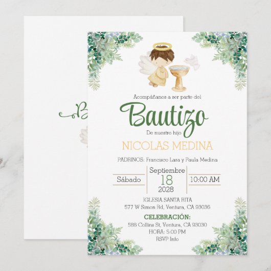 Doop Uitnodiging Spaanse jongen groen (Voorkant / Achterkant)