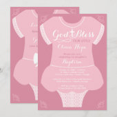 Doop uitnodiging voor een meisje, roze en kant jur (Voorkant / Achterkant)