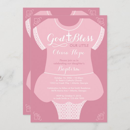 Doop uitnodiging voor een meisje, roze en kant jur (Voorkant / Achterkant)