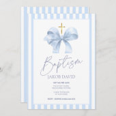 Doop uitnodiging voor jongen, blauwe boog & gestre (Voorkant / Achterkant)