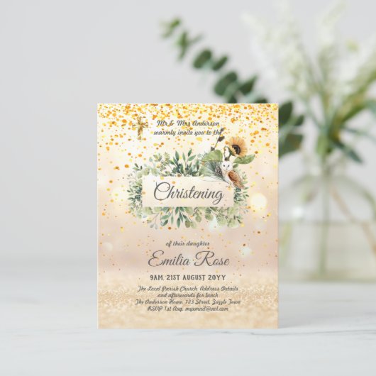 Doop Uitnodiging Woodland Uil Zonnebloem (Staand voorkant)