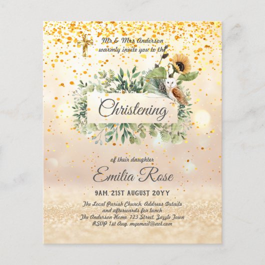 Doop Uitnodiging Woodland Uil Zonnebloem (Voorkant)