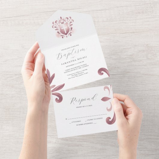 Doop Uitnodigingen en RSVP Card Dusty Pink Crest (Afscheurbaar)