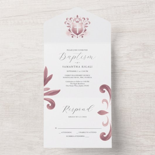 Doop Uitnodigingen en RSVP Card Dusty Pink Crest (Binnen)