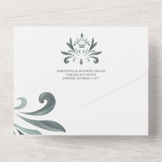 Doop uitnodigingen en RSVP kaart Sage Green Crest (Achterkant)