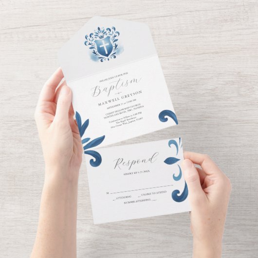 Doop Uitnodigingen met RSVP Card Dusty Blue Cres (Afscheurbaar)