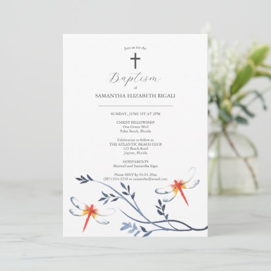 Doop Uitnodigingen peetouders naam rode libel (Staand voorkant)