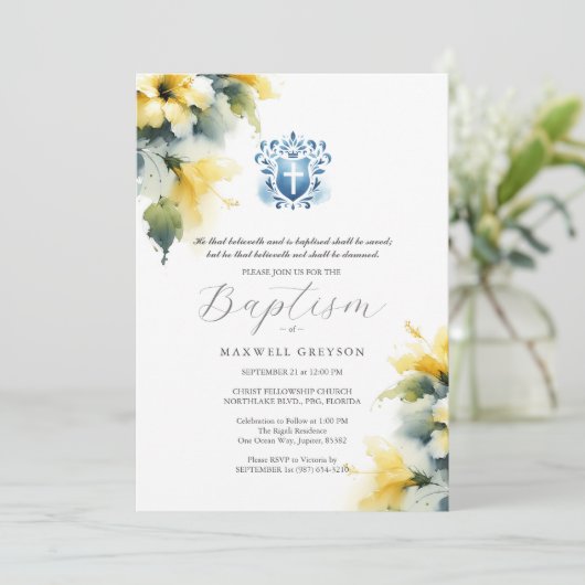 Doop Uitnodigingen Religieus Blauw en Geel (Staand voorkant)
