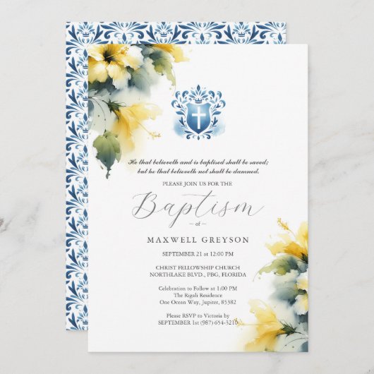 Doop Uitnodigingen Religieus Blauw en Geel (Voorkant / Achterkant)