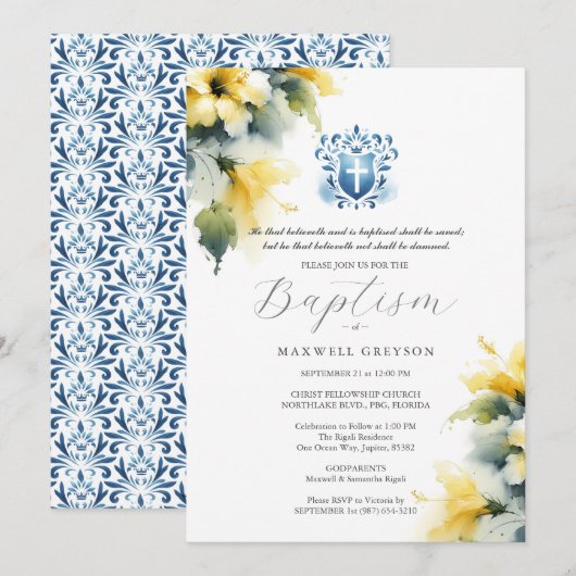 Doop Uitnodigingen Religieus Blauw en Geel (Voorkant / Achterkant)