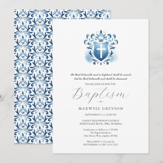 Doop Uitnodigingen Religieus Stoffig Blauw Kam (Voorkant / Achterkant)