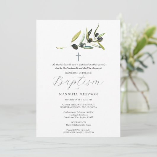 Doop Uitnodigingen Religieuze Olijftak (Staand voorkant)