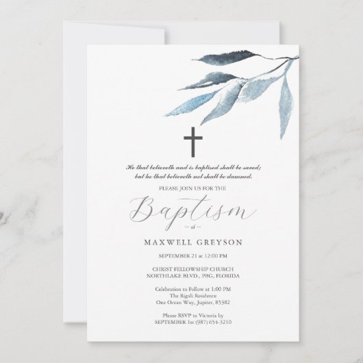 Doop Uitnodigingen Stoffige Blauwe Botanicals (Voorkant)