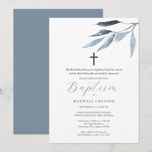 Doop Uitnodigingen Stoffige Blauwe Botanicals (Voorkant / Achterkant)