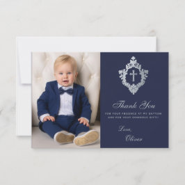 Doop Vintage Navy Zilveren Kuif Kruis Jongen Foto Bedankkaart