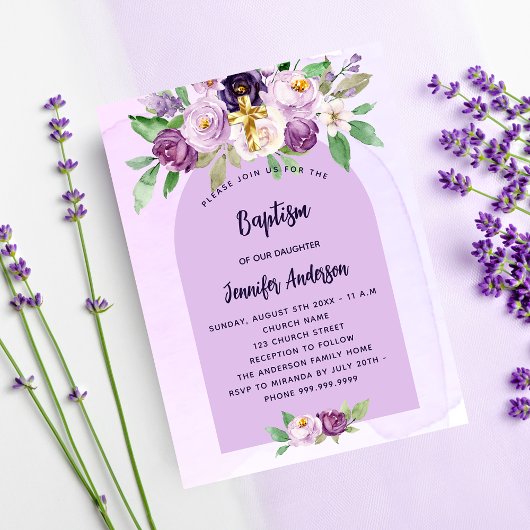 Doop violet paarse bloemen budget uitnodiging flyer