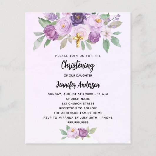 Doop violette bloemen budget uitnodiging (Voorkant)