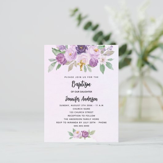 Doop violette bloemen groen kruis uitnodiging briefkaart (Staand voorkant)