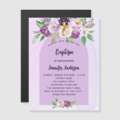Doop violette paarse bloemen cross meisje luxe magnetische uitnodiging (Voorkant / Achterkant)