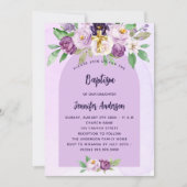 Doop violette paarse bloemen kruis meisje kaart (Voorkant)