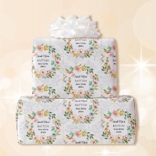 Doop Voeg naam & datum Cross Dove Flora krans toe Cadeaupapier