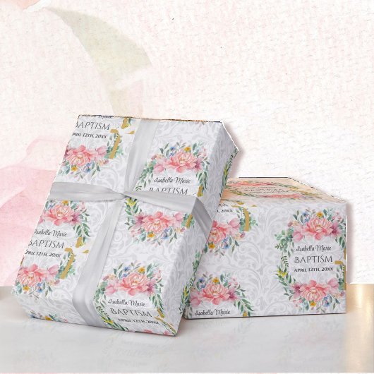 Doop Voeg naam & datum Cross Dove Flowers Cadeaupapier