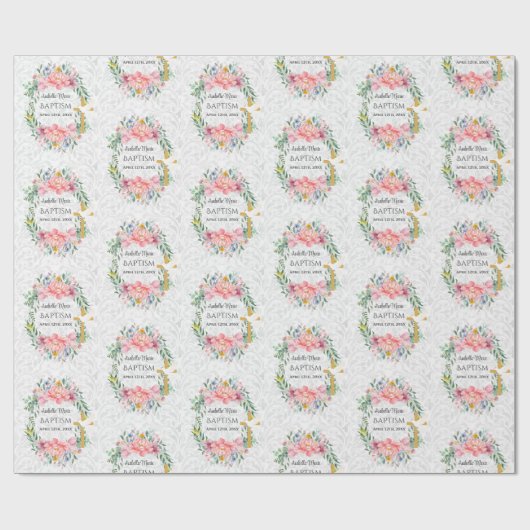 Doop Voeg naam & datum Cross Dove Flowers Cadeaupapier (Vlak)