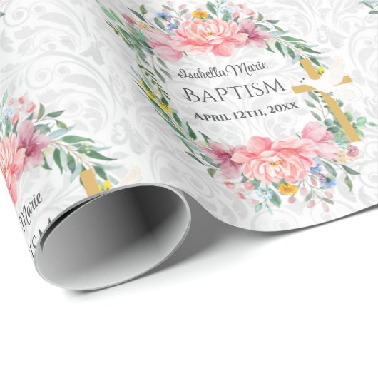 Doop Voeg naam & datum Cross Dove Flowers Cadeaupapier (Rol Hoek)