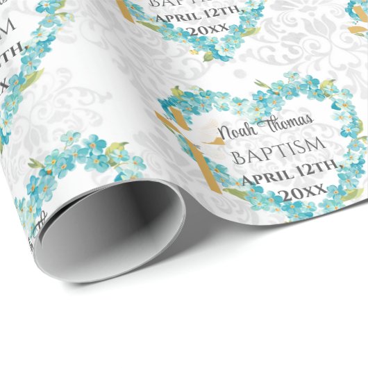 Doop Voeg naam & datum Cross Dove Vergeet me notit Cadeaupapier (Rol Hoek)