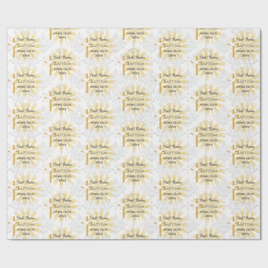 Doop Voeg naam & datum Cross Dove White Damask toe Cadeaupapier (Vlak)