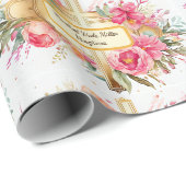 Doop Voeg Naam toe - Kruis met Bloemenspray Cadeaupapier (Rol Hoek)